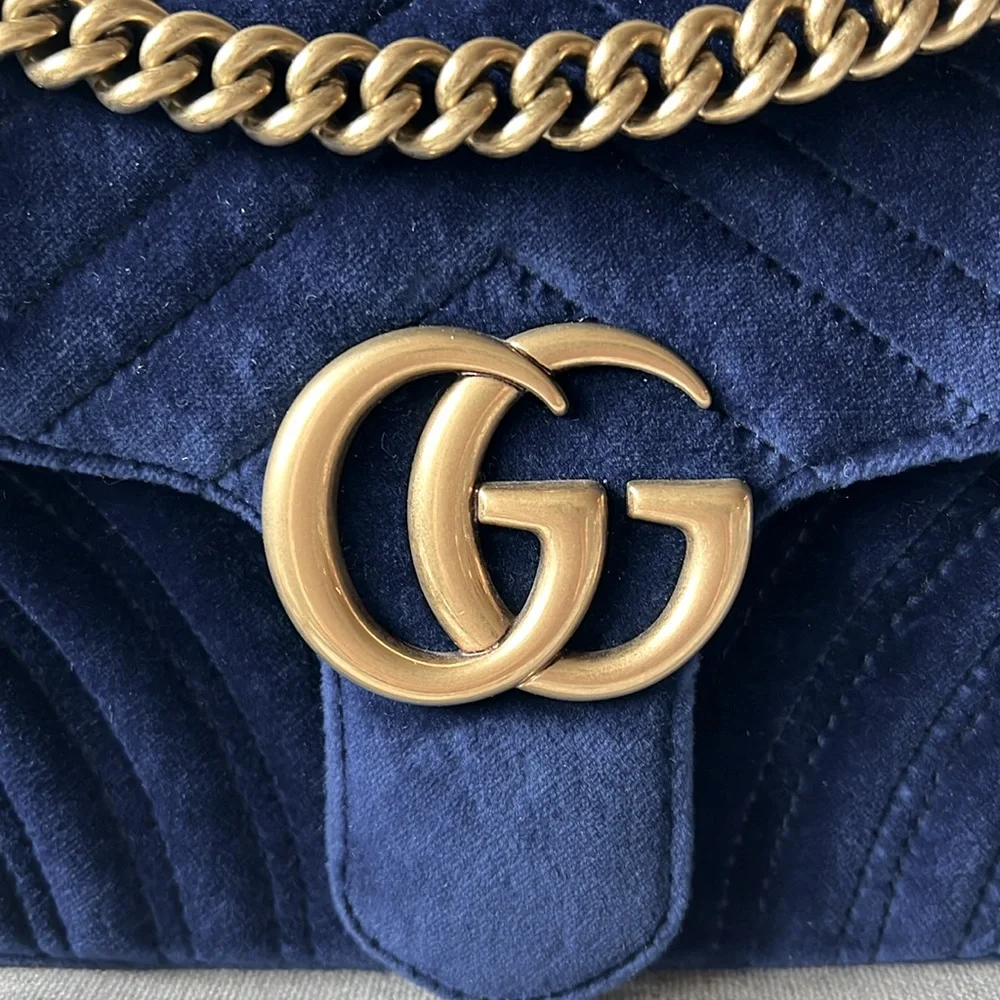 New Gucci GG Velvet Matelasse Small Marmont Shoulder Bag Cobalt Blue - Picture 9 of 17